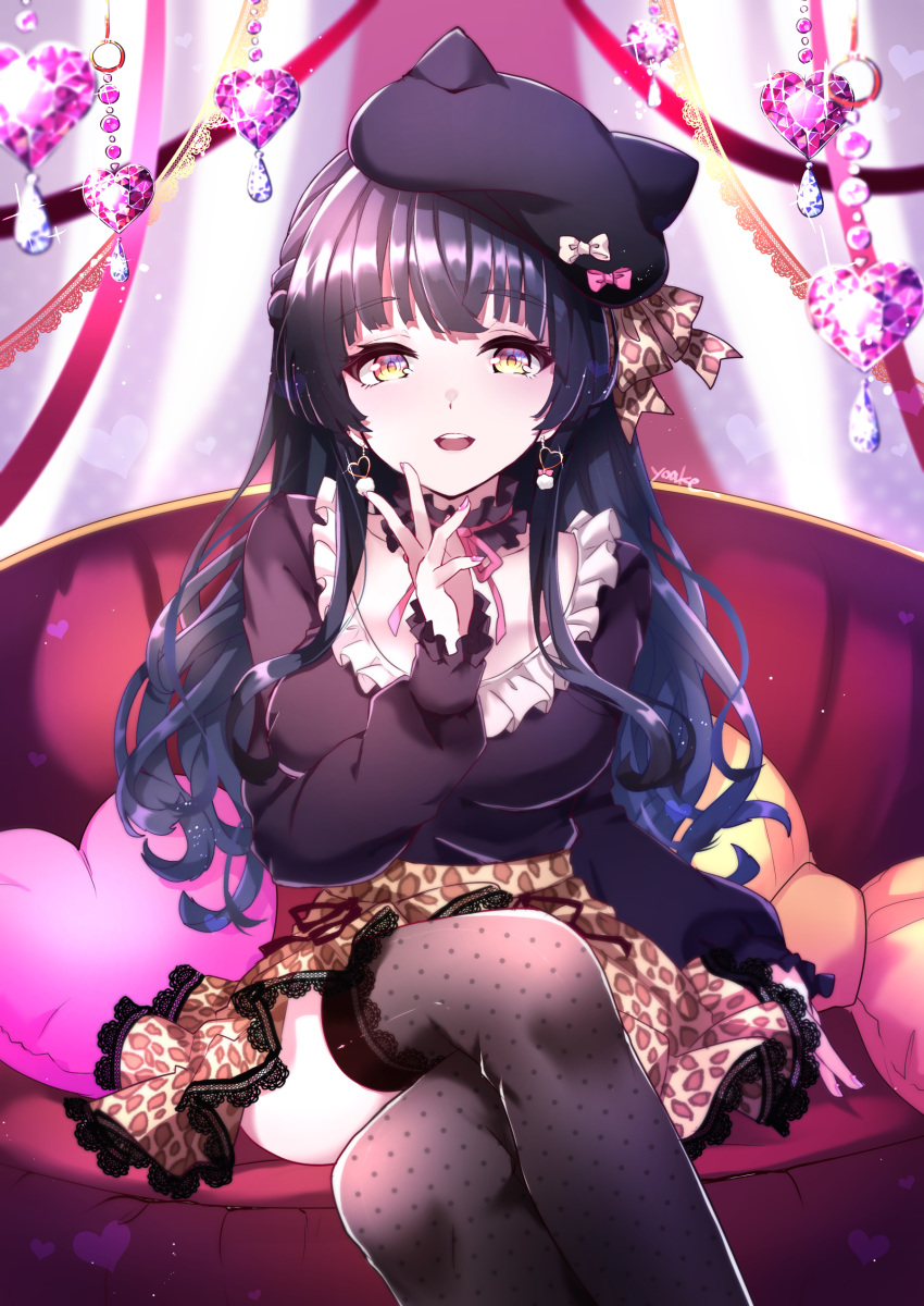 1girl absurdres animal_print artist_name bangs beret black_hair black_legwear blunt_bangs blurry breasts brown_eyes choker crossed_legs depth_of_field eyebrows_visible_through_hair frilled_choker frills hat heart-shaped_gem highres idolmaster idolmaster_shiny_colors leopard_print long_hair long_sleeves mayuzumi_fuyuko medium_breasts nail_polish open_mouth solo thighhighs yoake