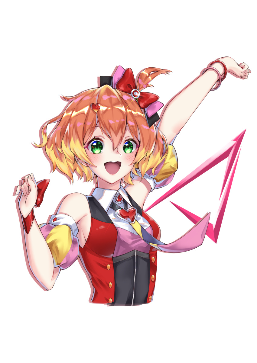 1girl :d absurdres arm_up bangs black_bow blonde_hair blush bow bracelet breasts brown_hair cropped_torso detached_sleeves eyebrows_visible_through_hair freyja_wion green_eyes hair_between_eyes hair_bow hair_ornament heart heart_hair_ornament highres jewelry long_hair looking_at_viewer macross macross_delta medium_breasts multicolored_hair niyu_n_iyun one_side_up open_mouth pink_bow red_bow shiny shiny_hair short_sleeves sideboob simple_background smile solo striped_sleeves two-tone_hair upper_body white_background wing_collar