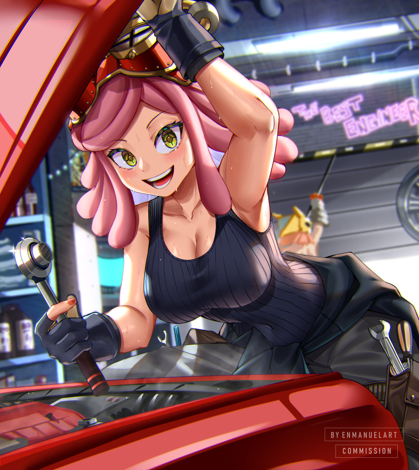 1boy 1girl absurdres arm_up armpits bangs bare_shoulders black_gloves black_pants black_shirt blush boku_no_hero_academia breasts cleavage clothes_around_waist collarbone commentary commission english_text enmanuelart20 fingerless_gloves gloves goggles goggles_on_head ground_vehicle hatsume_mei helmet highres holding large_breasts leaning_forward long_hair looking_at_viewer lower_teeth open_mouth pants pink_hair power_loader_(boku_no_hero_academia) screwdriver shirt sleeveless smile solo_focus striped sweat tank_top tools upper_teeth wrench yellow_eyes