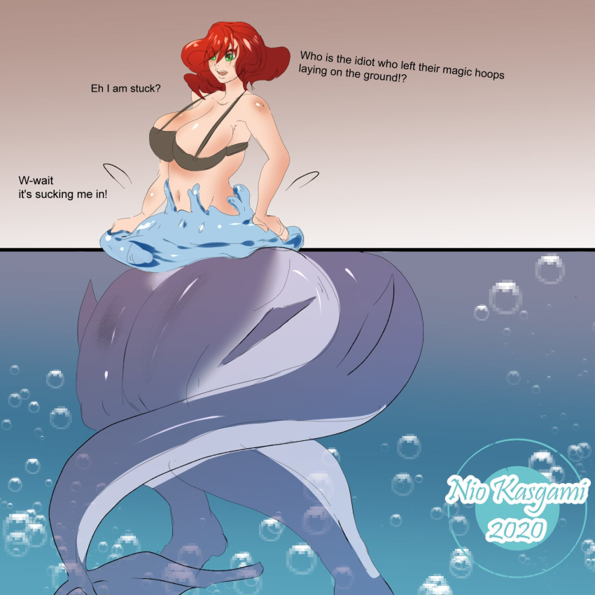 1:1 2020 annoyed big_breasts bikini bikini_top bottomless bra breasts bubble clothed clothing dialogue female fish freckles hair hi_res human human_to_anthro mammal marine navel nio_kasgami open_mouth red_hair shark solo species_transformation standing swimwear thick_thighs transformation transformation_ring underwear water