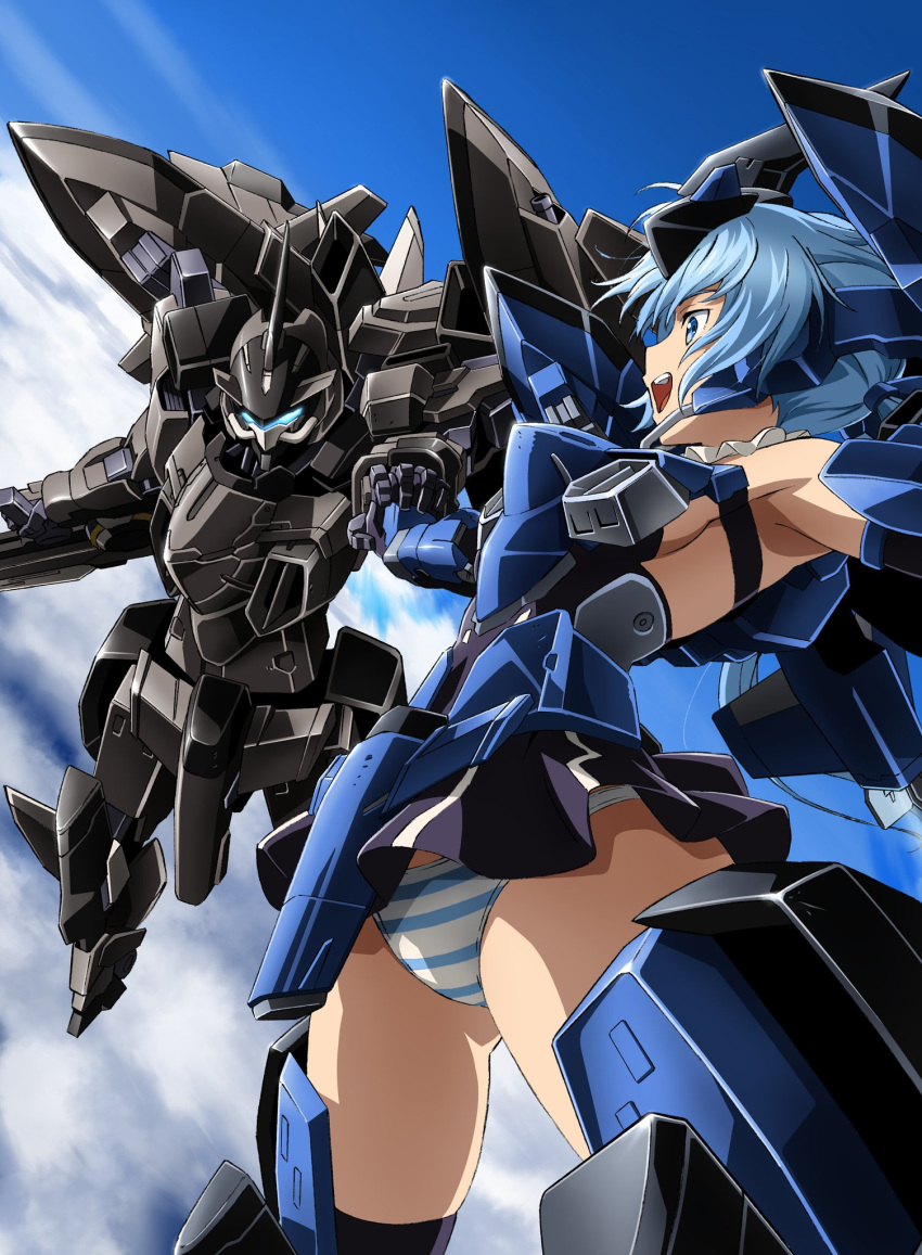 1girl armpits ass_visible_through_thighs black_legwear blue_eyes blue_hair blue_sky cloud commentary_request flying frame_arms frame_arms_girl glowing headgear highres holding_hands interlocked_fingers kumichou_(ef65-1118-ef81-95) long_hair mecha mecha_musume microskirt open_mouth outstretched_arms panties skindentation skirt sky spread_arms striped striped_panties stylet stylet_(frame_arms) thighhighs thighs underwear