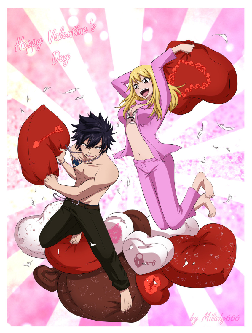 1boy 1girl :d bangs barefoot belt belt_buckle black_hair blonde_hair bra breasts brown_belt brown_eyes buckle cleavage collarbone fairy_tail floating_hair gray_fullbuster green_pants hair_between_eyes heart heart_pillow highres holding holding_pillow jewelry long_hair lucy_heartfilia midriff milady666 navel necklace open_clothes open_mouth open_shirt pajamas pants pillow pillow_fight pink_pants pink_shirt shiny shiny_hair shirt smile spiked_hair stomach topless underwear white_bra