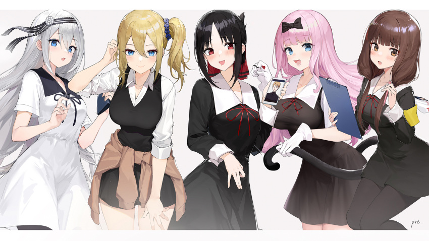 5girls :d adjusting_hair armband artist_name bag bangs black_bow black_dress black_hair black_hairband black_legwear blonde_hair blue_eyes blue_scrunchie blunt_bangs blush bow breasts brown_eyes brown_hair cat_tail clipboard closed_mouth clothes_around_waist collarbone collared_shirt commentary_request cuffs dress eyebrows_visible_through_hair fang folded_ponytail fujiwara_chika gloves grey_hair hair_between_eyes hair_bow hair_ornament hair_ribbon hair_scrunchie hairband hayasaka_ai highres holding holding_clipboard holding_pen holding_phone iino_miko jewelry kaguya-sama_wa_kokurasetai_~tensai-tachi_no_renai_zunousen~ large_breasts leaning_forward long_dress long_hair long_sleeves looking_at_viewer love_letter low_twintails medium_breasts multiple_girls necklace note_on_back open_mouth pantyhose parted_bangs pen phone pink_hair pre_(preecho) red_eyes red_neckwear red_ribbon ribbon sailor_collar sailor_dress school_uniform scrunchie shinomiya_kaguya shirogane_kei shirogane_miyuki shirt short_hair short_sleeves shuuchiin_academy_uniform side_ponytail sidelocks signature silver_hair simple_background skin_fang smile standing sweat sweatdrop sweater_around_waist tail tail_grab tied_hair twintails white_background white_dress white_footwear white_gloves white_sailor_collar white_shirt