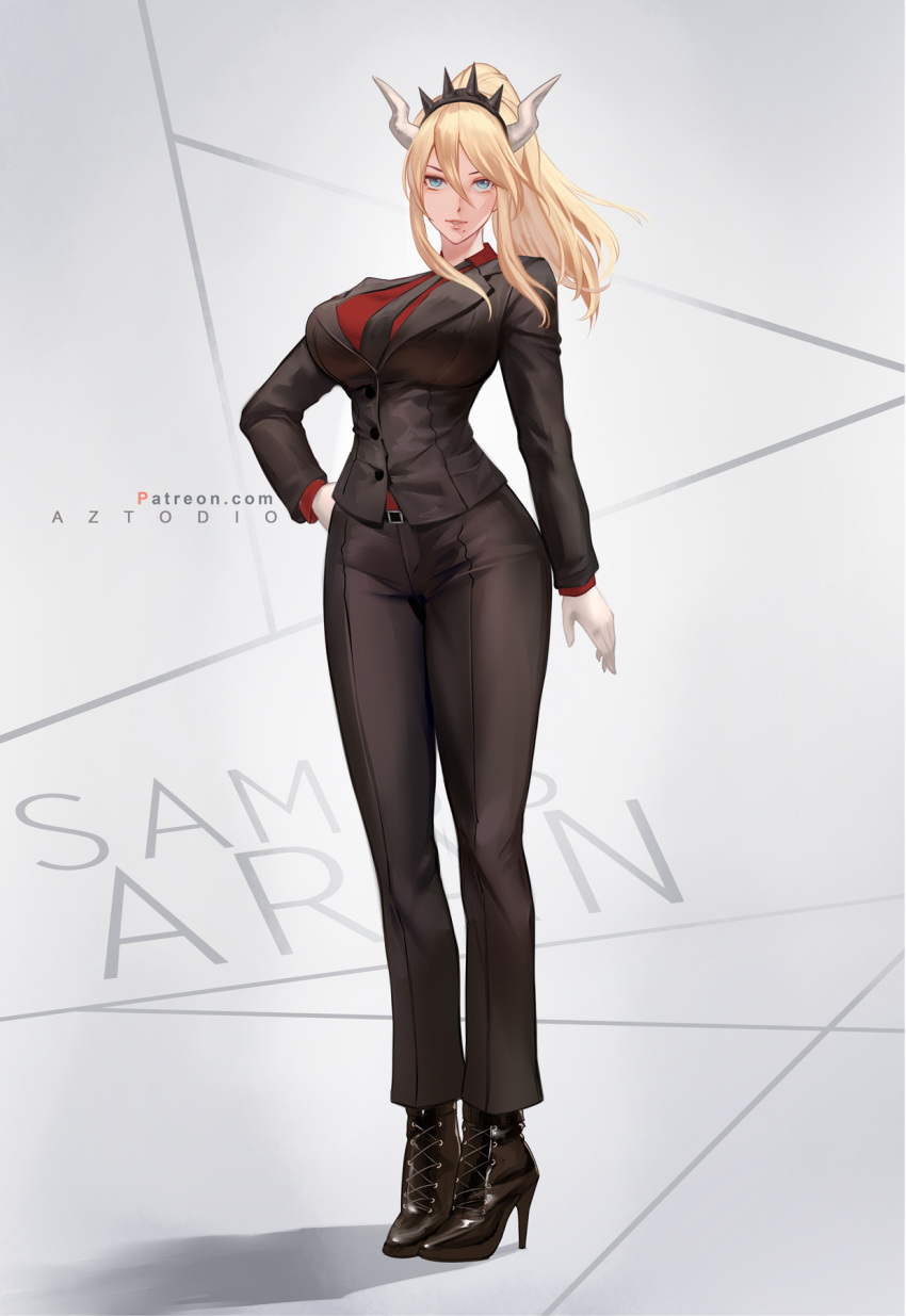 1girl alternate_costume azto_dio black_footwear black_pants blonde_hair blue_eyes breasts commentary cosplay crown full_body gloves hand_on_hip helltaker high_heels highres horns large_breasts long_hair long_legs looking_at_viewer lucifer_(helltaker) lucifer_(helltaker)_(cosplay) necktie pants ponytail red_shirt samus_aran shirt solo watermark web_address white_gloves white_horns