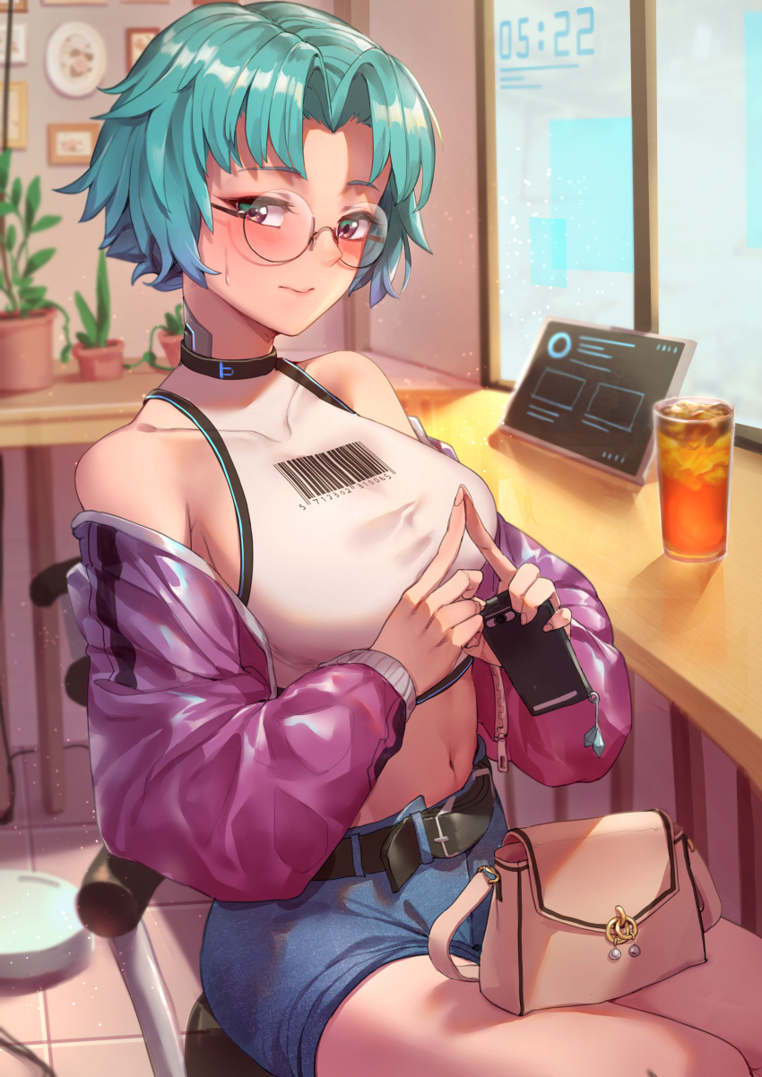 1girl absurdres aqua_hair bag barcode barcode_print belt blush breasts cafe cellphone charm_(object) collarbone commentary cyborg denim denim_shorts drink english_commentary fingernails glasses halter_top halterneck handbag highres holding holding_phone hologram indoors jacket legs_together long_fingernails looking_at_viewer medium_breasts midriff mr.lime navel no_bra off-shoulder_jacket original phone purple_eyes purple_jacket round_eyewear semi-rimless_eyewear shirt short_hair short_shorts shorts sideboob sitting smartphone solo steepled_fingers sweatdrop taut_clothes taut_shirt toned under-rim_eyewear