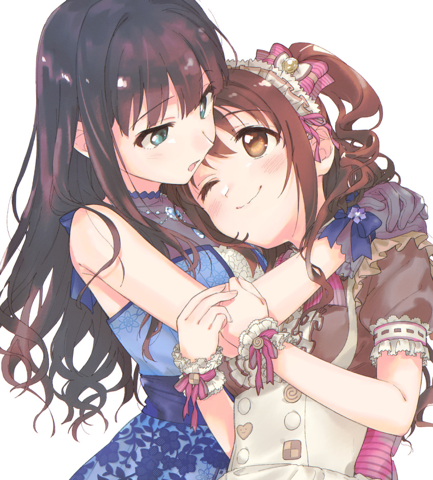 2girls alternate_costume apron aqua_eyes back_bow bangs bare_arms bare_shoulders blue_bow blue_dress blush bow brown_dress brown_eyes brown_hair buttons closed_mouth commentary_request dress enmaided eternal_bloom_(idolmaster) eye_contact eyebrows_visible_through_hair floral_print frilled_dress frilled_sleeves frills glove_bow gloves grey_gloves hair_bow hand_on_another's_arm hands_on_another's_shoulder hands_up head_on_chest highres idolmaster idolmaster_cinderella_girls idolmaster_cinderella_girls_starlight_stage jewelry long_hair looking_at_another maid maid_dress maid_headdress multiple_girls nanonin necklace one_eye_closed one_side_up open_mouth own_hands_together pendant pink_bow pink_ribbon print_dress puffy_short_sleeves puffy_sleeves ribbon sapphire_(gemstone) shibuya_rin shimamura_uzuki short_sleeves sidelocks simple_background sleeveless sleeveless_dress smile standing striped striped_bow striped_ribbon upper_body wavy_hair white_apron white_background wrist_cuffs yuri