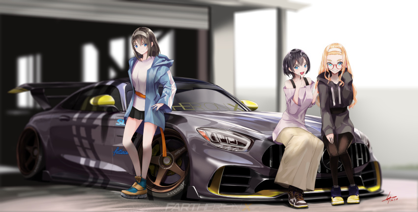 3girls absurdres air_jordan air_jordan_1 black_hair blue_eyes car dekomegane glasses ground_vehicle hair_between_eyes hairband highres looking_at_viewer looking_to_the_side mercedes-benz mercedes-benz_gt_r motor_vehicle multiple_girls nike open_mouth orange_hair original shoes silenxe sneakers supreme thick_eyebrows v vehicle_focus