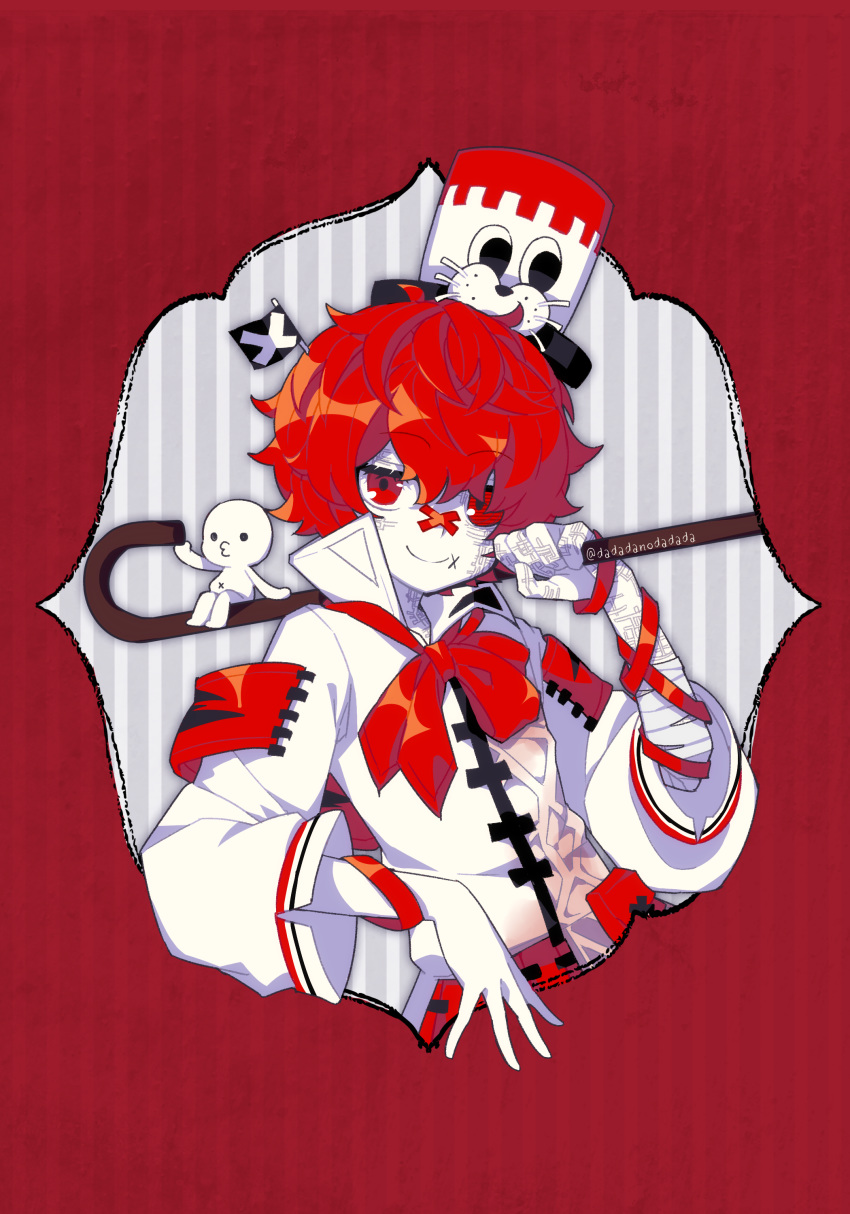 1boy absurdres bandaged_arm bandages bandaid bandaid_on_nose bracelet cane coat commentary dadadanoda facial_scar flag fukase hat hatsune_miku highres holding_cane jewelry looking_at_viewer o3o point_(vocaloid) red_eyes red_hair scar sitting smile upper_body vocaloid white_coat white_skin