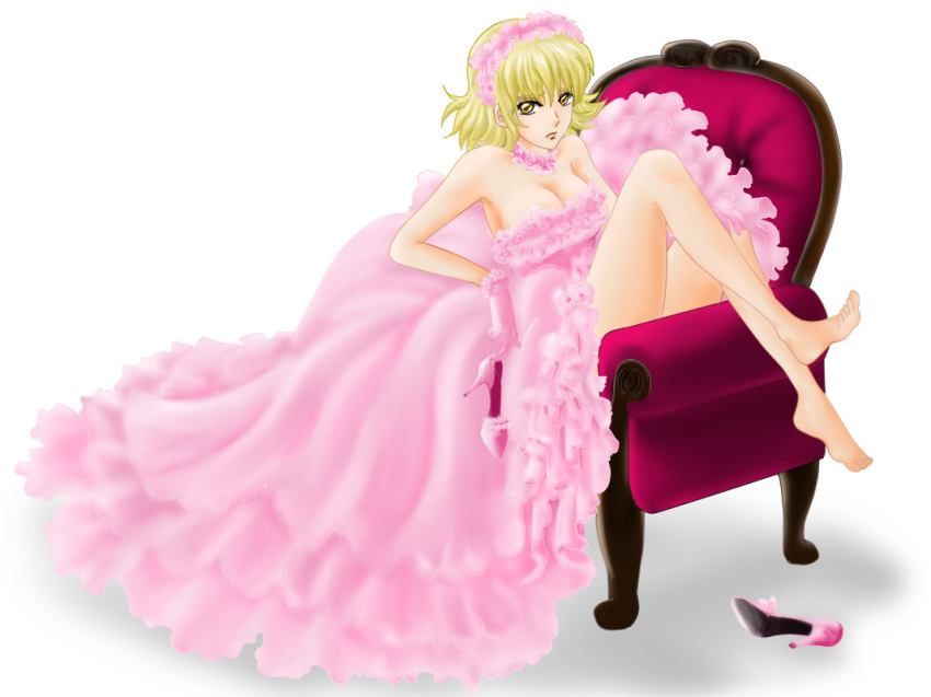 1girl bangs barefoot blonde_hair breasts cagalli_yula_athha choker cleavage closed_mouth dress flower frown full_body gundam gundam_seed hair_between_eyes hair_flower hair_ornament head_wreath long_dress looking_at_viewer medium_breasts medium_hair parubinko pink_dress pink_flower pumps shiny shiny_hair simple_background sitting solo strapless strapless_dress white_background yellow_eyes