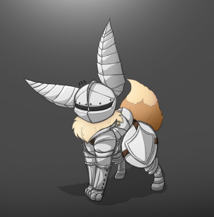 absurd_res allbadbadgers ambiguous_gender armor brown_background eevee eeveelution female_(lore) feral feral_armor fluffy fluffy_tail grey_background headgear helmet hi_res knight neck_tuft nintendo plate_armor pok&eacute;mon pok&eacute;mon_(species) signature simple_background solo tuft video_games warrior watermark