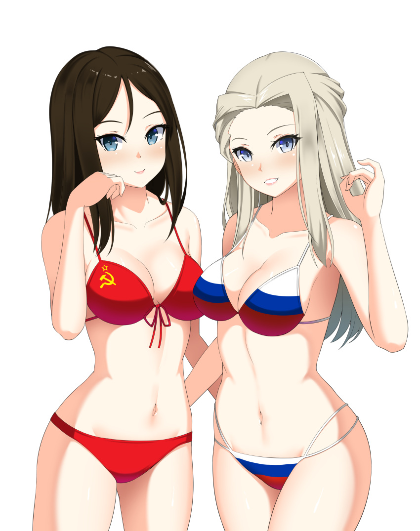 2girls absurdres artist_request bikini bikini_bottom bikini_top blonde_hair blue_eyes breasts brown_hair clara_(girls_und_panzer) cropped_legs flag_print girls_und_panzer hammer_and_sickle highres large_breasts looking_at_viewer midriff multiple_girls navel nonna_(girls_und_panzer) print_bikini russia russian_flag russian_flag_bikini smile source_request soviet soviet_flag swimsuit transparent_background