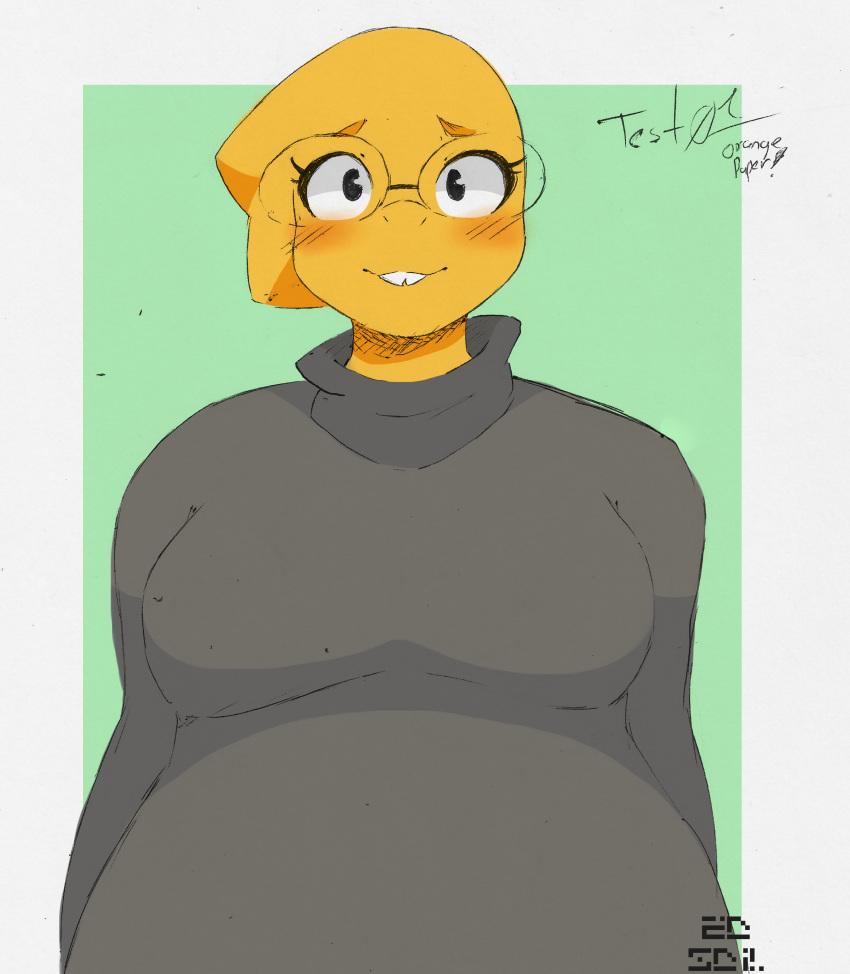 absurd_res alphys anthro belly big_breasts blush breasts buckteeth chubby_female clothed clothing english_text eyewear female glasses hi_res looking_at_viewer non-mammal_breasts reptile scales scalie simple_background slightly_chubby smile solo standing sweater sylverow0 teeth text topwear undertale video_games yellow_body yellow_scales