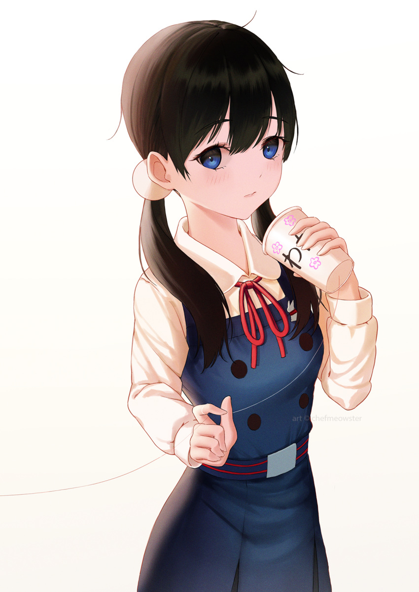 1girl apron bangs black_hair blue_apron blue_dress blue_eyes blush brown_hair bunny_pin buttons closed_mouth commentary_request cowboy_shot cup dress expressionless eyebrows_visible_through_hair floral_print hair_bobbles hair_ornament hand_up highres holding holding_cup kitashirakawa_tamako long_hair long_sleeves looking_at_viewer low_twintails meowster pinafore_dress red_neckwear red_ribbon ribbon shirt simple_background skirt sleeveless sleeveless_dress solo string tamako_love_story tamako_market twintails watermark web_address white_background white_shirt
