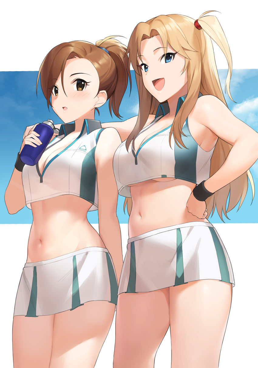 2girls :d absurdres arm_around_neck bangs blonde_hair blue_eyes bottle breasts brown_eyes brown_hair cleavage commentary_request contrapposto cowboy_shot crop_top hand_on_hip highres idolmaster idolmaster_cinderella_girls large_breasts long_hair matsumoto_sarina medium_breasts midriff miniskirt mizuki_seira multiple_girls navel onao one_side_up open_mouth parted_bangs short_hair short_ponytail sidelocks simple_background skirt smile v-neck water_bottle wristband