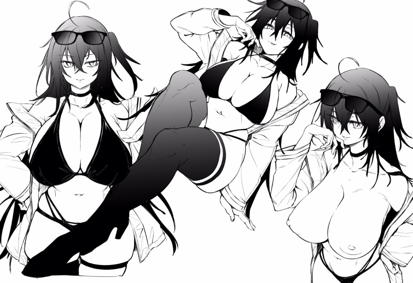 1girl azur_lane bangs bare_shoulders bikini bikini_top_removed black_bikini black_choker black_hair black_legwear breasts choker cleavage collarbone crossed_bangs eyewear_on_head greyscale hand_on_own_chin high_heels highleg highleg_bikini highres huge_breasts licking_lips minoinomi monochrome multi-strapped_bikini multiple_straps navel nipples off-shoulder_jacket off_shoulder one_side_up race_queen sunglasses swimsuit taihou_(azur_lane) taihou_(enraptured_companion)_(azur_lane) thigh_strap thighhighs thighs tongue tongue_out