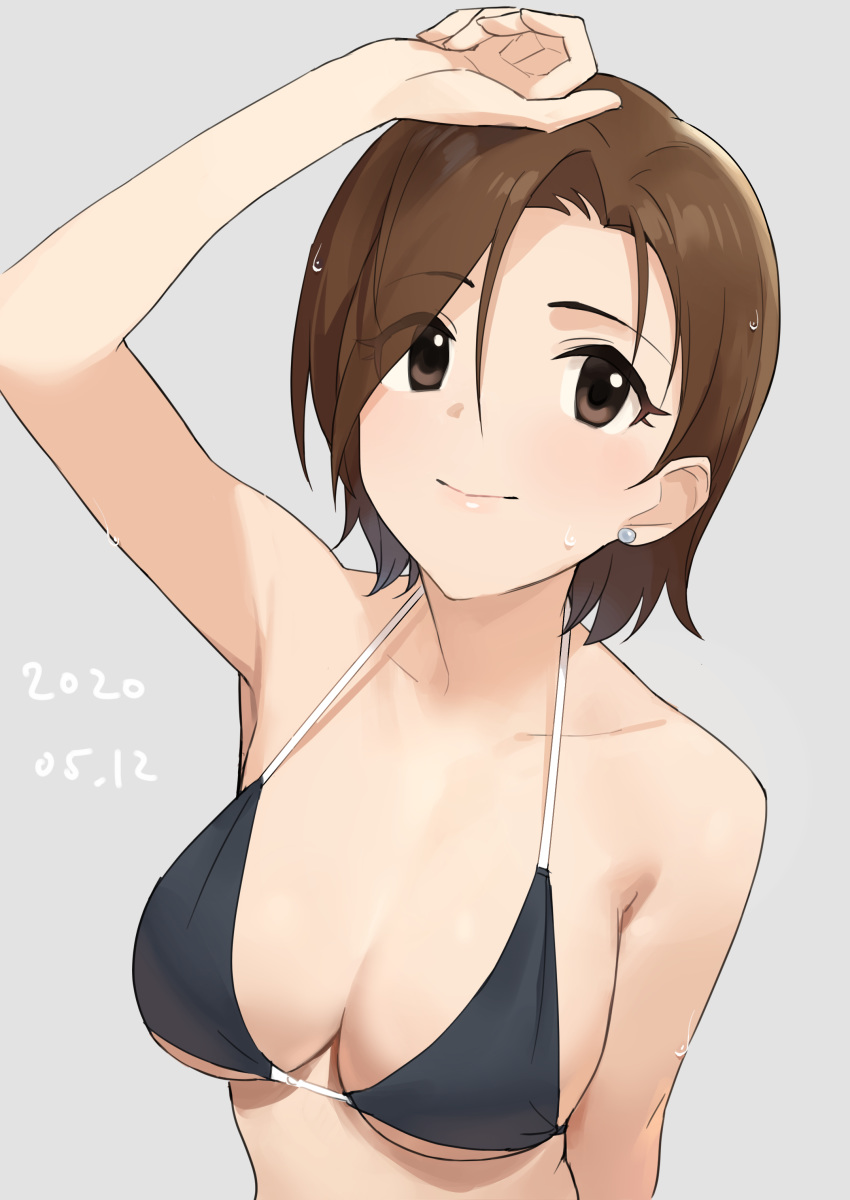 1girl absurdres arm_up armpits bangs bikini bikini_top black_bikini breasts brown_eyes brown_hair closed_mouth dated earrings grey_background halterneck highres idolmaster idolmaster_cinderella_girls jewelry large_breasts mizuki_seira onao parted_bangs short_hair simple_background smile solo stud_earrings swimsuit upper_body wet wet_hair