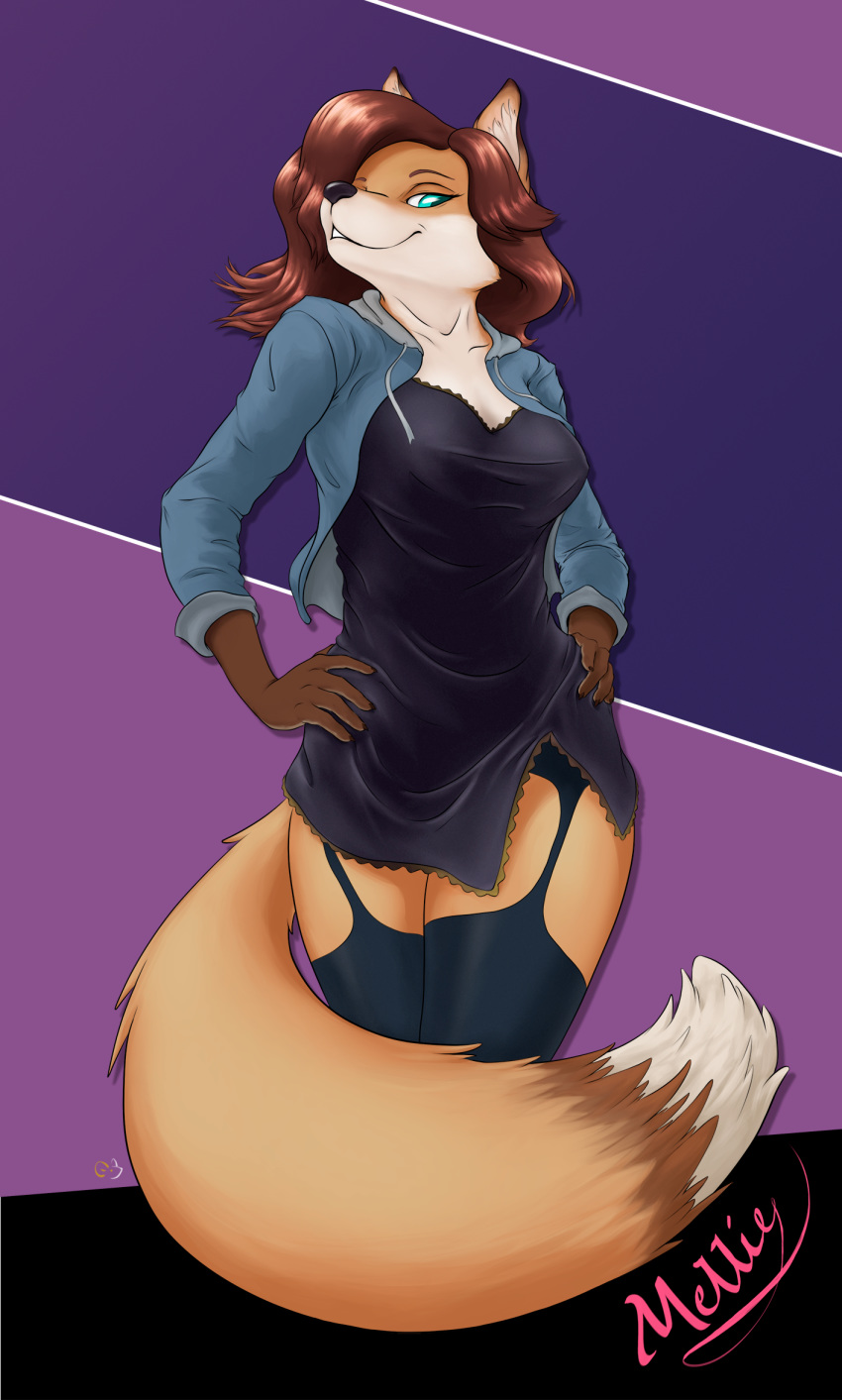 anthro canid canine clothing curvy_figure dress earnesternest female fox hi_res legwear mammal mellie_(character) pantyhose solo wide_hips