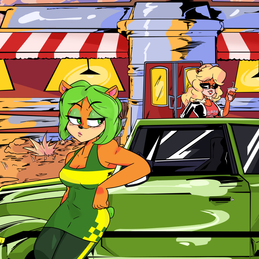 1:1 absurd_res activision ami_bandicoot anthro arm_support bandicoot blonde_hair breasts car cleavage clothed clothing crash_bandicoot_(series) diner duo eyeshadow eyewear female fur green_eyeshadow green_hair hair hi_res leaning leaning_back leaning_on_elbow looking_at_another looking_back makeup mammal marsupial orange_body orange_fur slugmanoctavious sunglasses tawna_bandicoot vehicle video_games