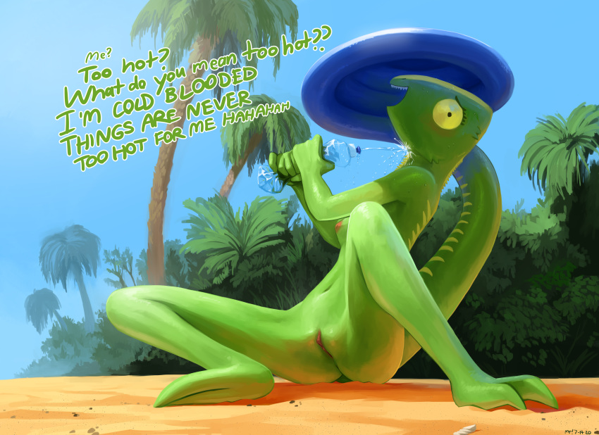 2020 absurd_res anthro blush bottle breasts butt chameleon clitoris detailed_background dialogue english_text female genitals green_body green_scales hex_spectra_(the-minuscule-task) hi_res holding_object lizard looking_at_viewer navel nipples non-mammal_breasts nude open_mouth outside palm_tree pussy reptile sand scales scalie sitting sky solo spread_legs spreading text the-minuscule-task tree water wet