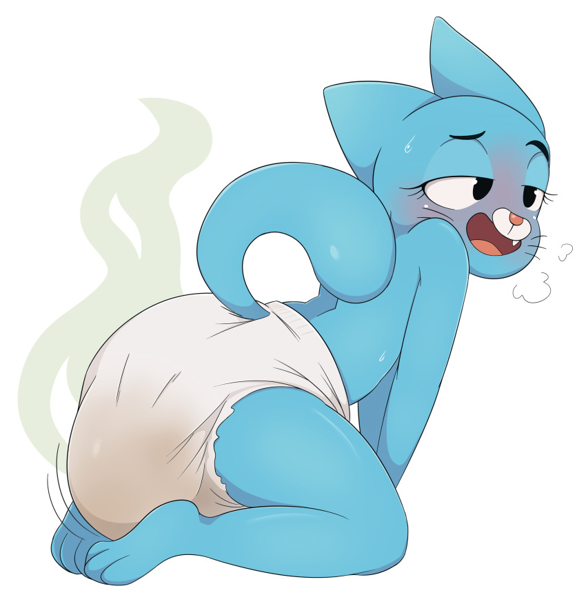 2020 absurd_res anthro blue_body blue_fur blush cartoon_network cute_fangs diaper digital_media_(artwork) domestic_cat feces felid feline felis female fur hi_res kneeling looking_pleasured mammal messy_diaper messyszop nicole_watterson open_mouth raised_tail simple_background soiling solo stink_lines the_amazing_world_of_gumball white_background