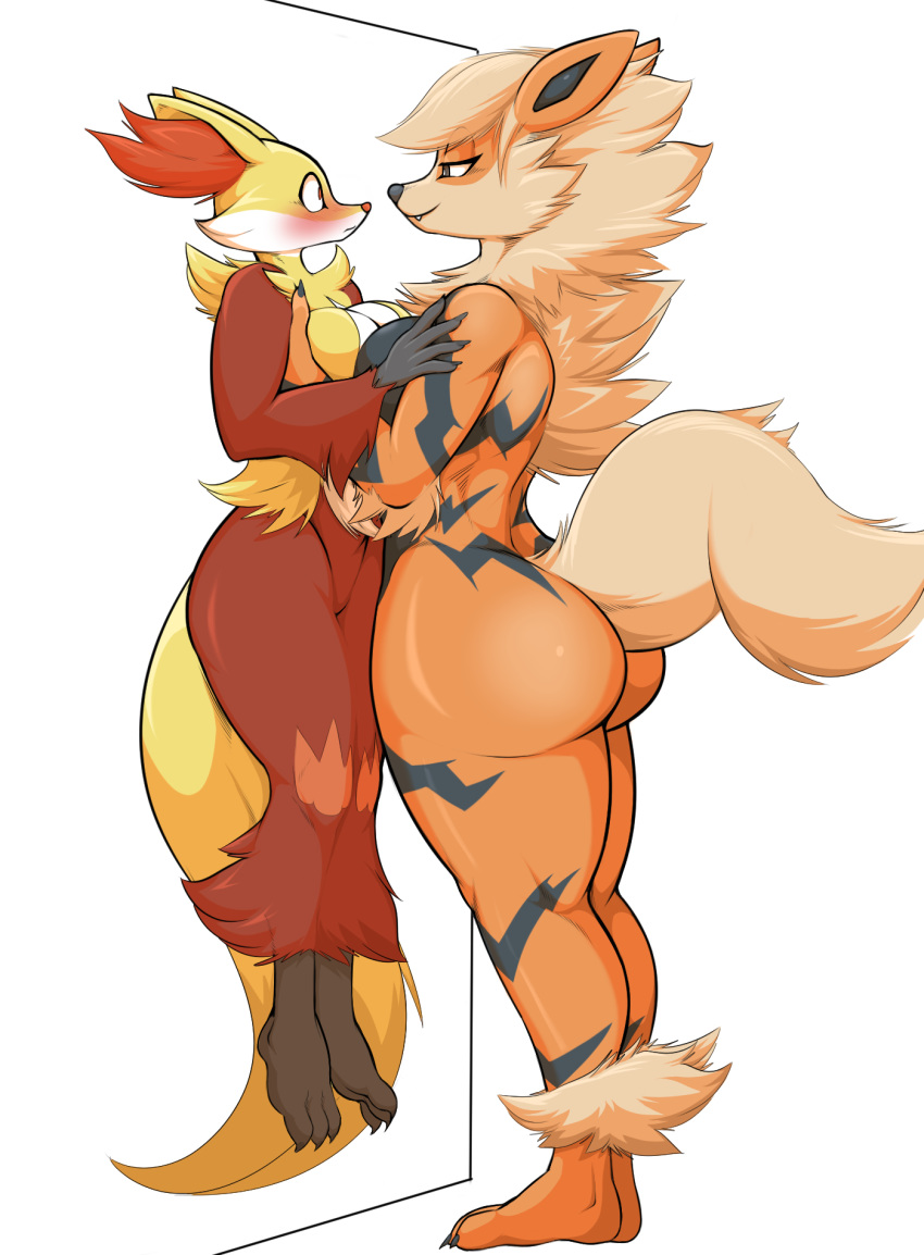 against_wall ankle_tuft anthro anthrofied arcanine arm_tuft big_breasts big_butt blush breast_size_difference breast_squish breasts breasts_frottage butt canid canine cheek_tuft chest_tuft cute_fangs danonymous delphox domination duo elbow_tufts eye_contact facial_tuft female female/female female_domination frown fur grey_eyes grey_nose half-closed_eyes hi_res inner_ear_fluff larger_female leg_tuft lifted looking_at_another mammal narrowed_eyes nintendo orange_body orange_eyes orange_fur orange_nose plantigrade pok&eacute;mon pok&eacute;mon_(species) red_body red_fur side_view simple_background size_difference small_waist smaller_female smile smirk smug squish standing stripes thick_thighs tuft video_games white_background wide_eyed wide_hips yellow_body yellow_fur