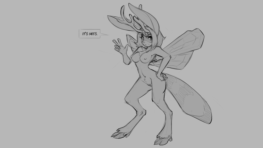 16:9 2020 anthro antlers arthropod bee breasts cervid dialogue english_text female fur genitals grey_background greyscale hair hooves horn hybrid hymenopteran insect insect_wings lagomorph leporid looking_at_viewer mammal mits_(character) monochrome nipples nude procyonid pussy rabbit raccoon simple_background solo text watsup widescreen wings