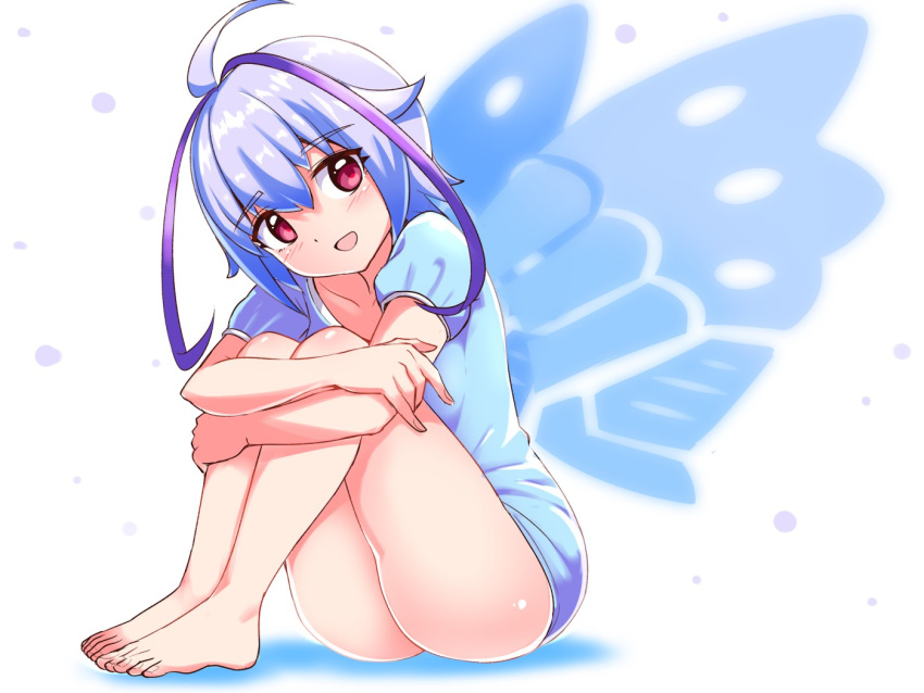 1girl ahoge antenna_hair ass azure_striker_gunvolt barefoot blush collarbone cougar1404 joule_(gunvolt) lavender_hair leg_hug multicolored_hair open_mouth pink_eyes purple_hair simple_background smile solo transparent_wings wings