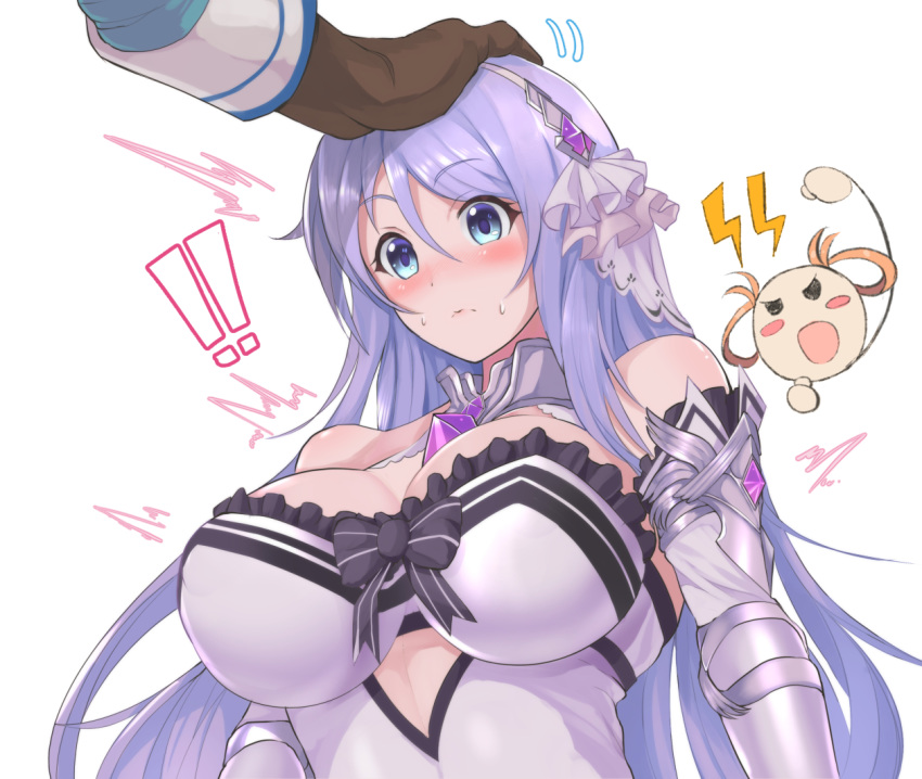 1boy 2girls bare_shoulders blue_eyes blush breasts choker eyebrows_visible_through_hair gauntlets koucha_maru large_breasts long_hair multiple_girls petting princess_connect! princess_connect!_re:dive purple_hair shizuru_(princess_connect!) sidelocks solo_focus sweatdrop very_long_hair