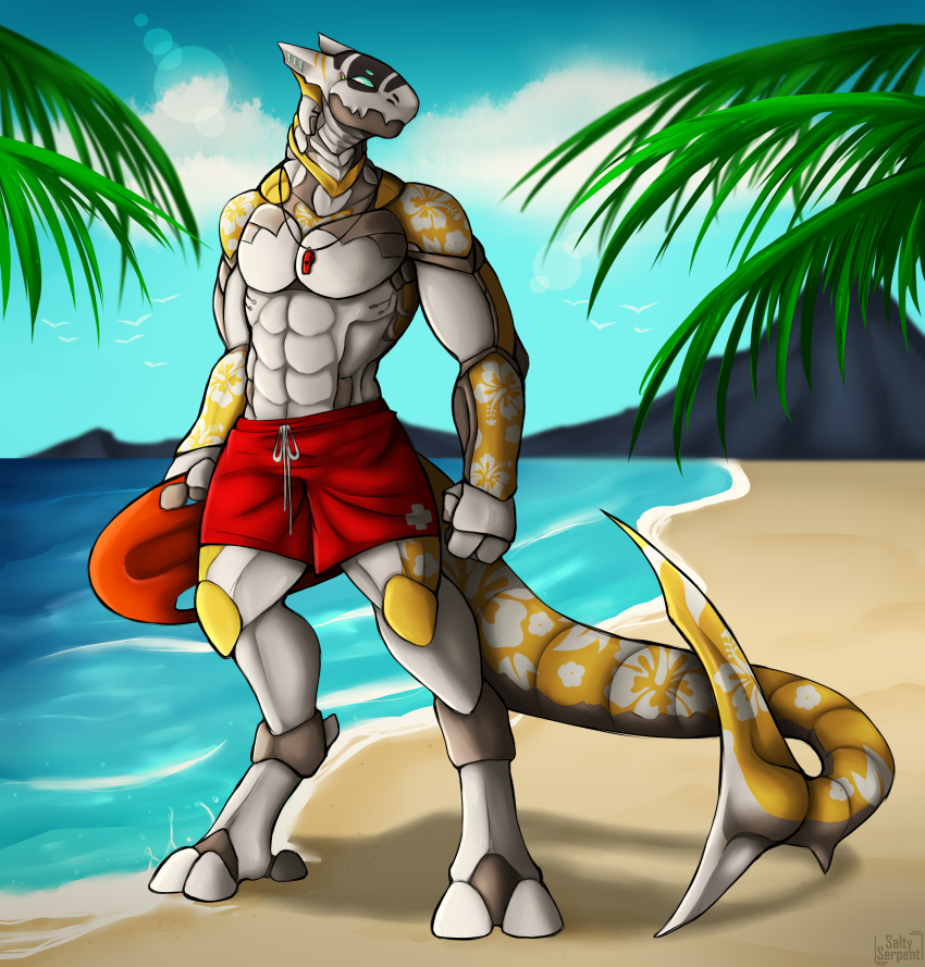 2020 absurd_res anthro athletic athletic_anthro athletic_male beach bottomwear clothing detailed_background fish hi_res lifeguard male marine outside rescue_buoy saltyserpent seaside shark shorts solo standing synth_(vader-san) tattoo tropical whistle