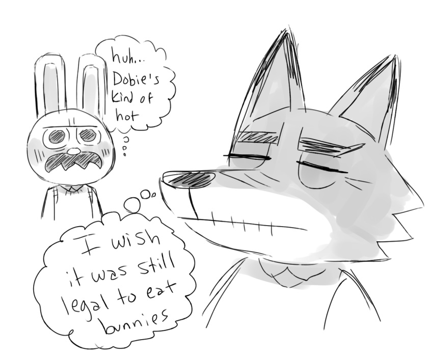 animal_crossing anthro canid canine canis chibi clothing dobie_(animal_crossing) duo eyes_closed facial_hair gaston_(animal_crossing) humor lagomorph leporid male mammal mature_male mike_cubes monochrome nintendo old rabbit video_games wolf