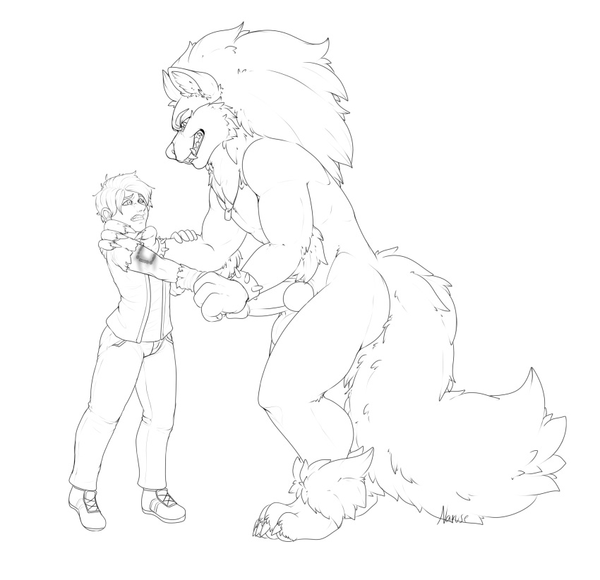 anthro arcanine balls bite clothing duo erection genitals hi_res human knot male mammal monochrome narusewolf nintendo penis pok&eacute;mon pok&eacute;mon_(species) teasing torn_clothing transformation video_games