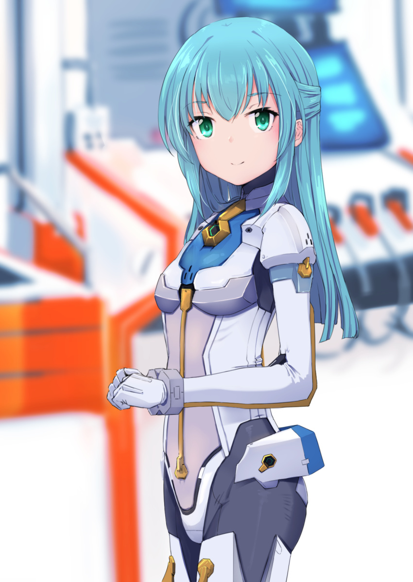 1girl alice_gear_aegis bangs blue_hair blurry blurry_background bodysuit closed_mouth cowboy_shot depth_of_field eyebrows_visible_through_hair gloves green_eyes hair_between_eyes hands_together highres long_hair long_sleeves looking_at_viewer momo_(higanbana_and_girl) ochanomizu_mirie own_hands_together smile solo standing white_bodysuit white_gloves