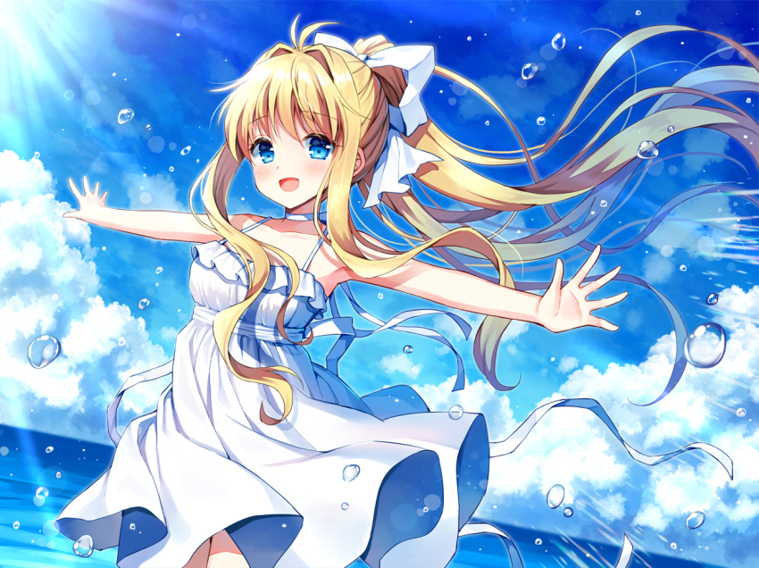 1girl :d air antenna_hair bangs bare_arms bare_shoulders blonde_hair blue_eyes blue_sky breasts cloud collarbone commentary_request day dress eyebrows_visible_through_hair floating_hair hair_between_eyes hair_intakes hair_ribbon horizon kamio_misuzu long_hair looking_at_viewer mauve ocean open_mouth outdoors outstretched_arms ponytail ribbon sky sleeveless sleeveless_dress small_breasts smile solo spread_arms very_long_hair water white_dress white_ribbon