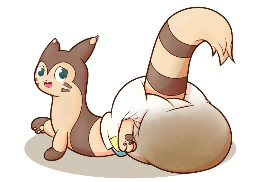 2018 absurd_res brown_body brown_fur diaper feces feral fur furgonomics furret green_eyes hi_res looking_at_viewer meowstic_(artist) messy_diaper nintendo open_mouth pawpads pok&eacute;mon pok&eacute;mon_(species) simple_background soiling solo video_games white_background white_diaper