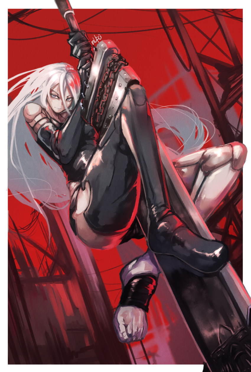 1girl android bare_shoulders black_gloves black_legwear blue_eyes breasts elbow_gloves gloves highres huge_weapon joints larribee long_hair looking_at_viewer medium_breasts mole mole_under_mouth nier_(series) nier_automata red_background robot_joints shorts silver_hair solo sword thighhighs weapon yorha_type_a_no._2