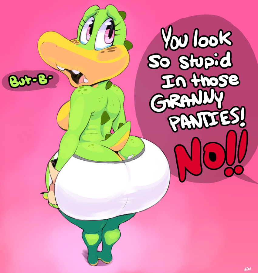 absurd_res anthro big_butt bodily_fluids breasts butt clothed clothing crocodilian dialogue female hi_res panties reptile scalie side_boob solo speech_bubble sydney_swamp_(vimhomeless) tears topless underwear vimhomeless