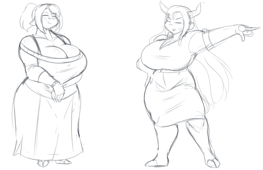 absurd_res angry anthro big_breasts bottomwear bovid bovine bracelet breasts cattle cleavage clothed clothing curvy_figure dress duo female freckles gesture hand_on_hip hi_res huge_breasts jewelry jwinkz mammal pointing skirt wide_hips