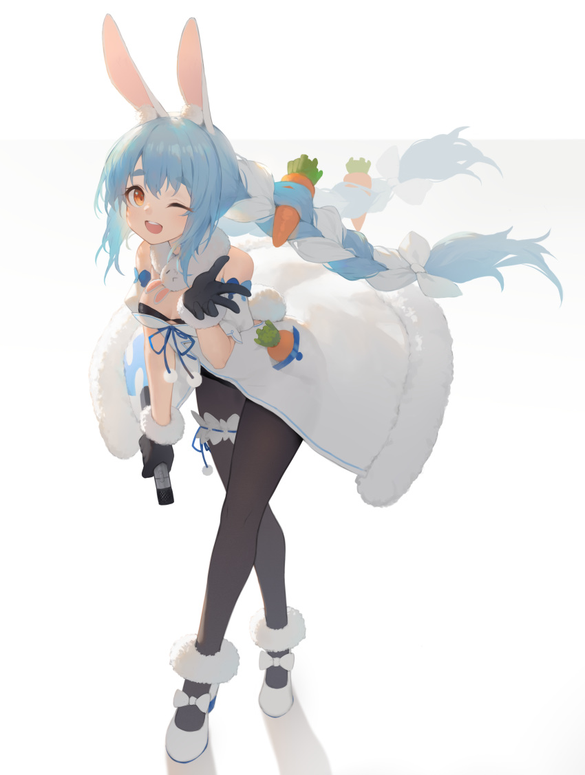 1girl ;d absurdres animal_ear_fluff animal_ears bangs bare_shoulders black_gloves black_legwear black_leotard blue_hair bow braid breasts brown_eyes bunny_ears carrot_hair_ornament commentary_request don-chan_(hololive) dress eyebrows_visible_through_hair food_themed_hair_ornament full_body fur-trimmed_dress fur-trimmed_gloves fur_trim gloves hair_bow hair_ornament highres holding hololive leaning_forward leotard long_hair multicolored_hair one_eye_closed open_mouth pantyhose shadow shoes short_eyebrows small_breasts smile strapless strapless_dress strapless_leotard thick_eyebrows twin_braids twintails two-tone_hair usada_pekora very_long_hair virtual_youtuber white_bow white_dress white_footwear white_hair yuri_shoutu