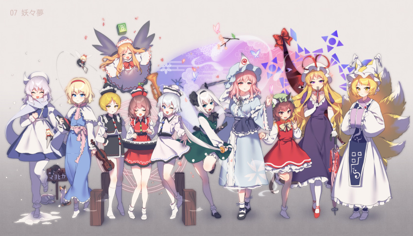 6+girls :d ;d ^_^ alice_margatroid animal_ears banned_artist black_hairband blonde_hair blue_eyes bobby_socks book brown_eyes brown_hair bug butterfly capelet cat cat_ears cat_tail chen cherry_blossoms closed_eyes commentary dress dual_wielding fairy_wings fox_tail full_body gap_(touhou) hairband hajin hands_in_opposite_sleeves hat hat_with_ears holding insect instrument katana keyboard_(instrument) kneehighs konpaku_youmu lavender_hair letty_whiterock lily_white long_hair looking_at_viewer lunasa_prismriver lyrica_prismriver merlin_prismriver mob_cap multiple_girls multiple_tails one_eye_closed open_mouth perfect_cherry_blossom petals pink_eyes pink_hair purple_dress purple_eyes red_hairband saigyouji_yuyuko saigyouji_yuyuko's_fan_design sash scabbard sheath short_hair sign simple_background smile socks sword tail touhou triangular_headpiece trumpet umbrella violin weapon white_hair white_legwear wide_sleeves wings yakumo_ran yakumo_yukari yellow_eyes