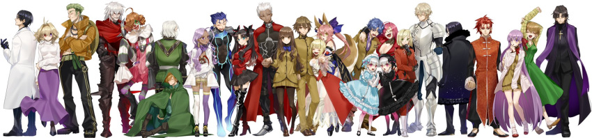 6+boys 6+girls ahoge alice_(fate/extra) animal_ears archer arcueid_brunestud armor bare_shoulders black_hair blonde_hair blue_eyes blue_hair bodysuit boots breastplate breasts brown_eyes brown_hair cleavage cloak closed_eyes clown cross crossed_arms cu_chulainn_(fate)_(all) dan_blackmore dark_skin dress eyebrows_visible_through_hair fate/extra fate_(series) fox_ears fox_girl fox_tail francis_drake_(fate) fujimura_taiga full_body gatou_monji gawain_(fate/extra) glasses gloves hat heterochromia high_heels highres hino_hinako jacket julius_belkisk_harway kishinami_hakuno_(female) kishinami_hakuno_(male) kotomine_kirei labcoat lancer large_breasts leonard_bistario_harway li_shuwen_(fate) long_hair long_image long_skirt looking_at_another looking_at_viewer matou_sakura matou_shinji medium_breasts multiple_boys multiple_girls nero_claudius_(fate) nero_claudius_(fate)_(all) nursery_rhyme_(fate/extra) open_mouth pants pink_hair priest purple_eyes purple_hair rani_viii ranruu-kun red_eyes red_hair robin_hood_(fate) scar school_uniform see-through short_hair simple_background sitting skirt smile standing striped striped_legwear tail tamamo_(fate)_(all) tamamo_no_mae_(fate) teeth thighhighs tohsaka_rin tongue turtleneck twice_h_pieceman v very_long_hair vlad_iii_(fate/extra) white_background white_hair wide_image yellow_eyes zettai_ryouiki