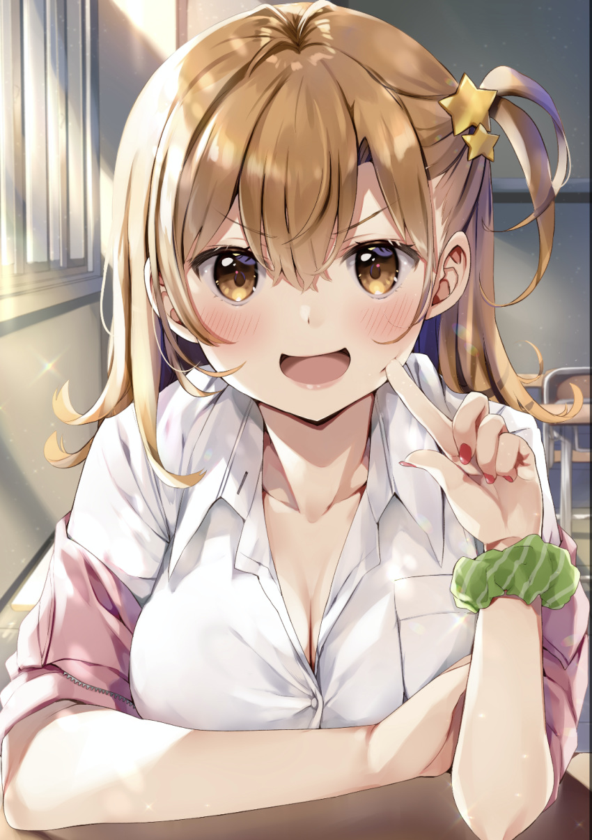 1girl :d bangs blush breasts brown_eyes brown_hair chair cleavage collarbone collared_shirt dress_shirt eyebrows_visible_through_hair green_scrunchie hair_between_eyes hair_ornament hand_up highres index_finger_raised indoors jacket long_hair looking_at_viewer medium_breasts nail_polish natsume_eri off_shoulder one_side_up open_mouth original pink_jacket red_nails scrunchie shirt short_sleeves smile solo star_(symbol) star_hair_ornament table upper_body v-shaped_eyebrows white_shirt wrist_scrunchie