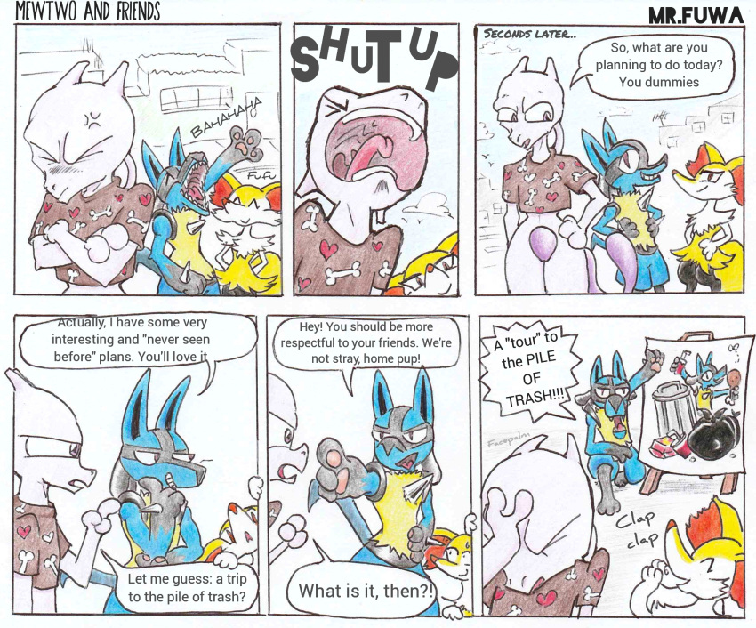 3_toes ambiguous_gender angry anthro blue_body blue_fur blush braixen building canid canine clothing comic embarrassed english_text female fox fur gesture group hi_res laugh legendary_pok&eacute;mon lucario male mammal mewtwo mr_fuwa nintendo photobomb pointing pok&eacute;mon pok&eacute;mon_(species) pose street text thinking toes trash_can video_games white_body white_fur wide_hips yellow_body