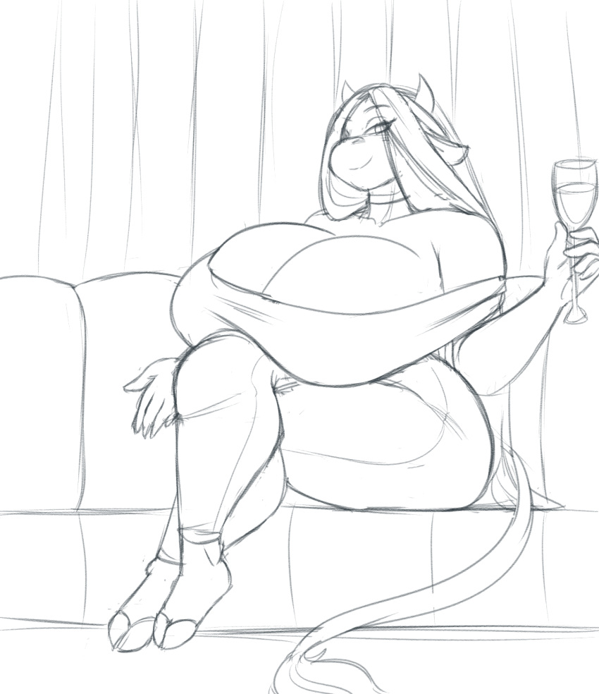 anthro big_breasts bovid bovine breast_rest breast_squish breasts cattle choker cleavage clothed clothing crossed_legs female hi_res huge_breasts inviting jewelry jwinkz looking_at_viewer mammal necklace seductive sitting solo squish summer_(jwinkz) wine_glass