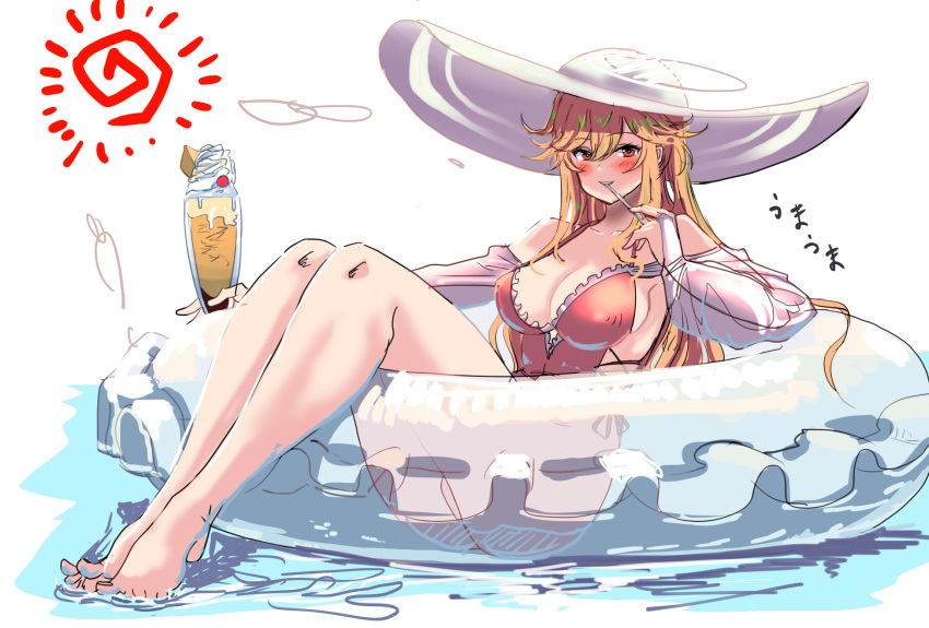 azur_lane bare_legs barefoot blonde_hair blush breasts eating floating hat hey_taishou highres innertube large_breasts one-piece_swimsuit parfait richelieu_(azur_lane) richelieu_(flagship_in_the_sea_breeze)_(azur_lane) smile swimsuit