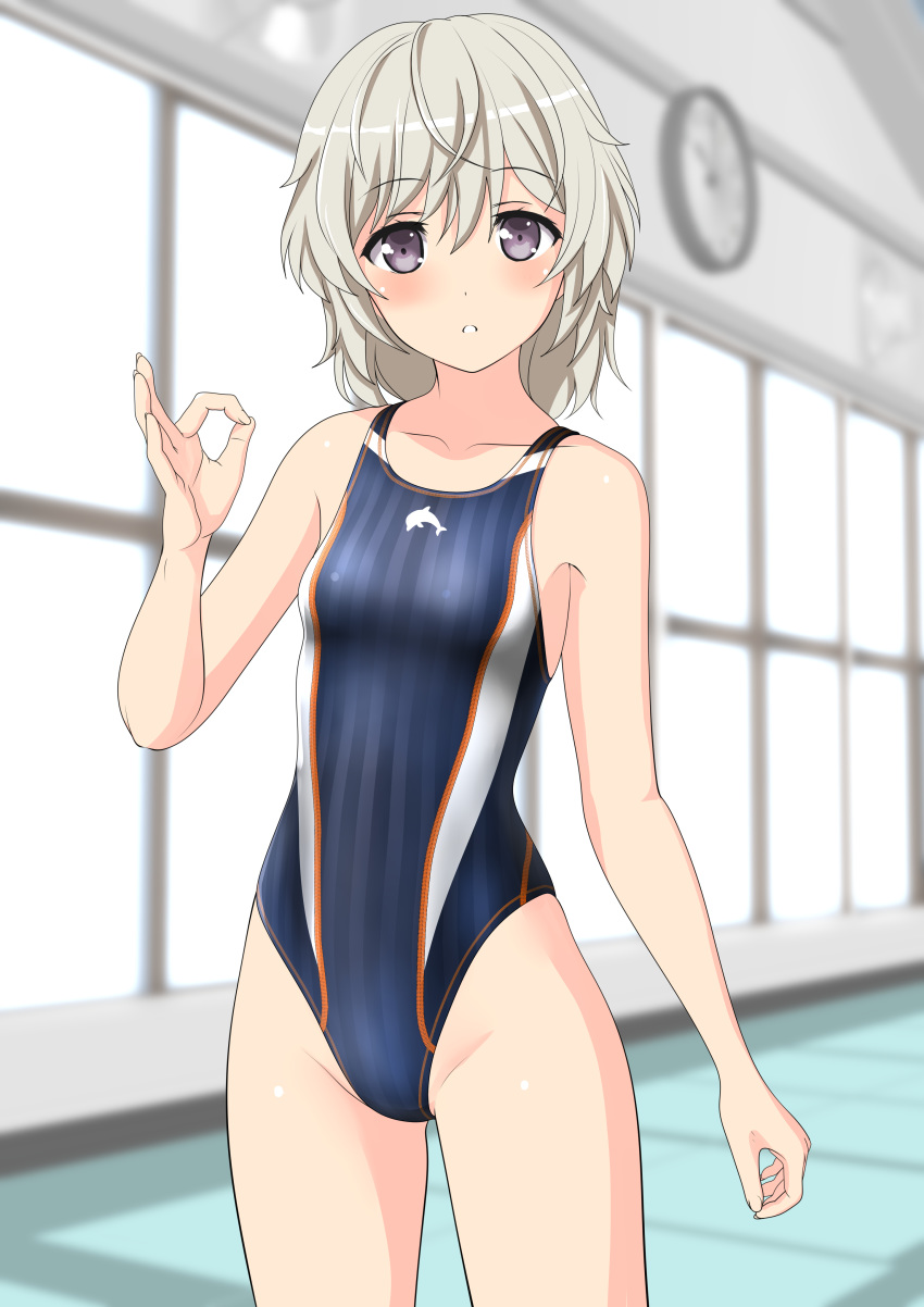 1girl absurdres blue_swimsuit breasts collarbone commentary_request cowboy_shot high_school_fleet highres indoors logo looking_at_viewer ok_sign parted_lips purple_eyes short_hair silver_hair small_breasts solo standing striped striped_swimsuit swimsuit takafumi tateishi_shima