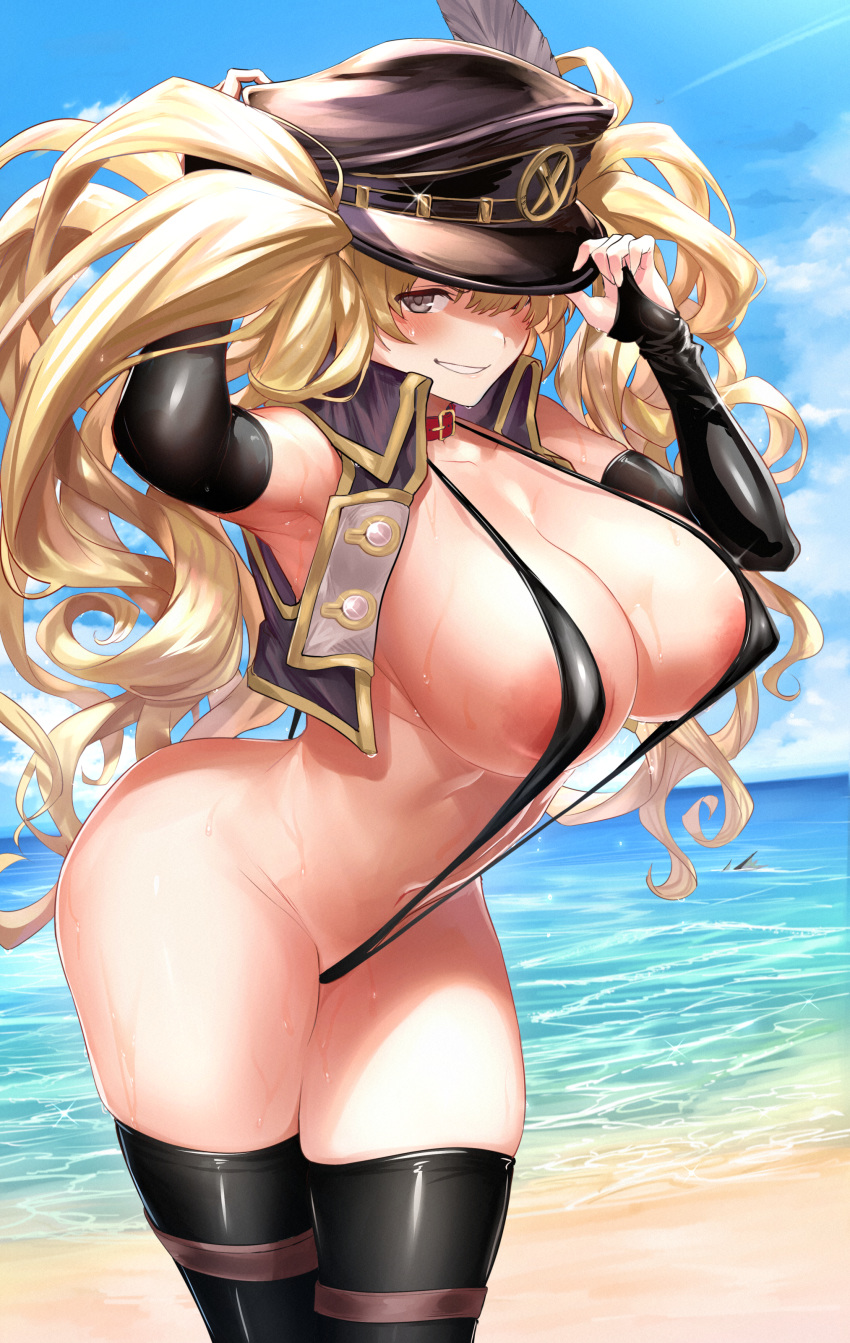 1girl absurdres adjusting_clothes adjusting_hat areola_slip areolae armpits beach black_gloves black_legwear black_swimsuit blonde_hair blue_sky blush breasts bridal_gauntlets brown_eyes cleavage cropped_vest elbow_gloves gloves granblue_fantasy grin hat hat_feather highres huge_breasts large_areolae long_hair looking_at_viewer military_hat monika_weisswind navel ocean open_clothes open_vest peaked_cap shore sideboob sky slingshot_swimsuit smile swimsuit thighhighs thighs twintails ulrich_(tagaragakuin) vest wavy_hair wet wide_hips