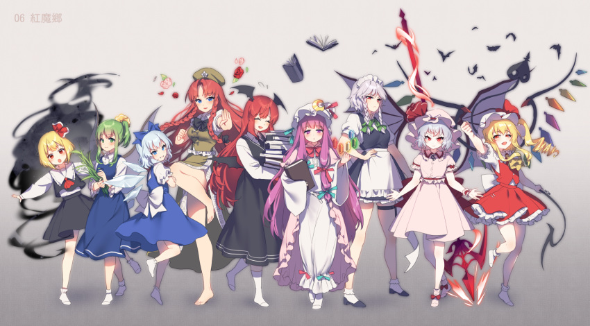 :d :o ^_^ banned_artist barefoot bat bat_wings blonde_hair blue_bow blue_dress blue_eyes blue_hair bobby_socks book bow braid china_dress chinese_clothes cirno closed_eyes commentary crystal daiyousei darkness dress fairy_wings flandre_scarlet frilled_skirt frills full_body gradient gradient_background green_eyes green_hair hair_bow hajin hat head_wings highres hong_meiling izayoi_sakuya koakuma laevatein long_hair long_sleeves looking_at_viewer maid maid_headdress open_mouth patchouli_knowledge polearm puffy_short_sleeves puffy_sleeves purple_eyes purple_hair red_eyes red_hair remilia_scarlet rumia short_hair short_sleeves side_ponytail silver_hair simple_background skirt smile socks spear spear_the_gungnir standing standing_on_one_leg the_embodiment_of_scarlet_devil touhou twin_braids very_long_hair weapon white_legwear wide_sleeves wings