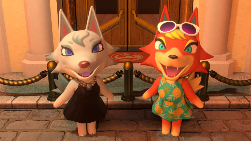 16:9 3d_(artwork) animal_crossing anthro audie_(animal_crossing) barbonicles barefoot black_clothing black_dress blonde_hair blue_eyes canid canine canis clothed clothing digital_media_(artwork) dress duo eyewear eyewear_on_head fangs female fur hair hi_res looking_at_viewer mammal nintendo open_mouth open_smile orange_body orange_fur outside smile standing sunglasses sunglasses_on_head video_games white_body white_fur white_hair whitney_(animal_crossing) widescreen wolf