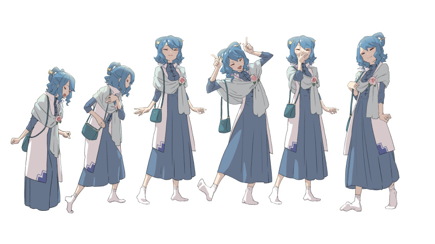 1girl adapted_costume bag blue_dress blue_hair blush bowing character_sheet chisel closed_eyes collar commentary_request dress drill_locks eyebrows_visible_through_hair eyeshadow flower full_body hair_ornament hair_rings hair_stick high_collar highres horns_pose kaku_seiga kawayabug makeup open_mouth rose shawl short_hair shoulder_bag simple_background smile socks solo touhou white_background white_legwear