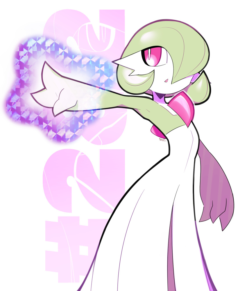 1girl artsy-rc bright_pupils fewer_digits gardevoir gen_3_pokemon highres parted_lips pink_eyes pokedex pokemon pokemon_(creature) signature solo standing triangle_mouth white_pupils